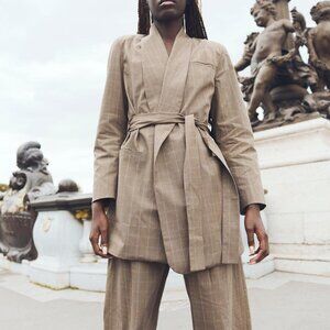 Blazer With Waist Tie - Coco Check with Baby Blue Pinstripe